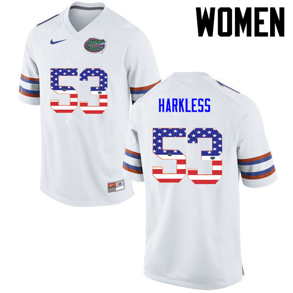 Women Florida Gators #53 Kavaris Harkless College Football USA Flag Fashion Jerseys-White - Click Image to Close